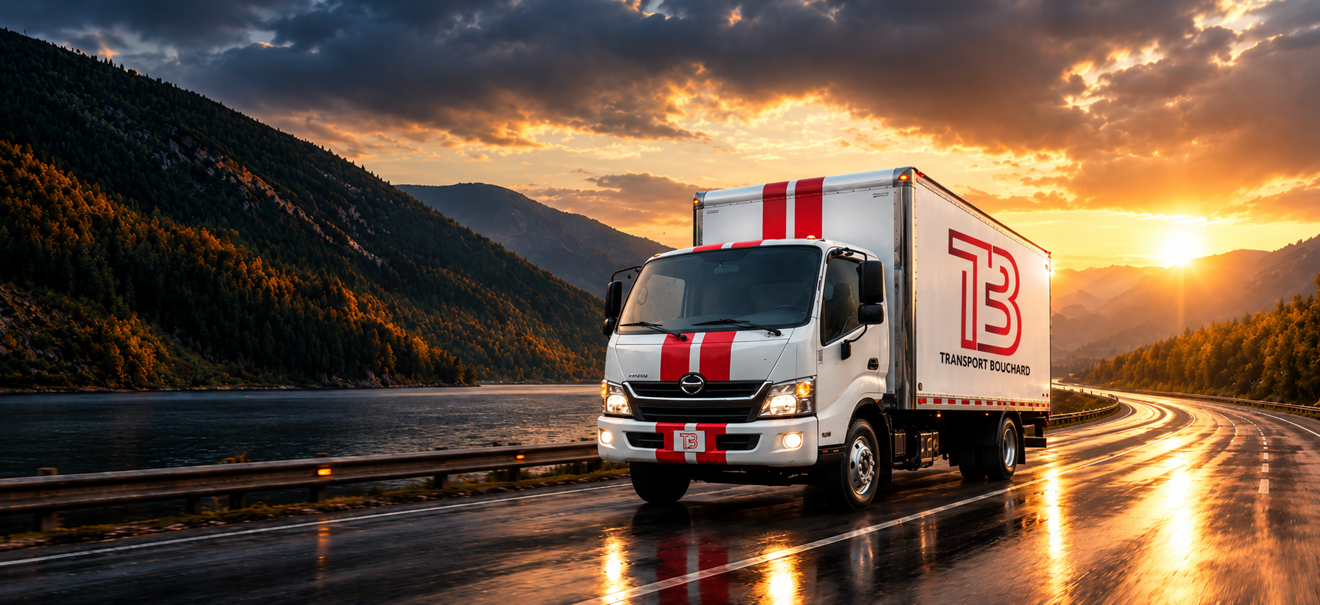 Camion Transport Bouchard sur une route du Québec au crépuscule